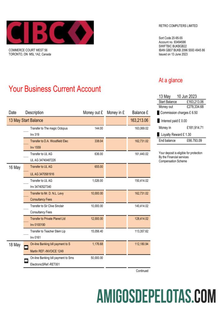 Realista CIBC empresa bancária extrato de conta corrente modelo Word e PDF